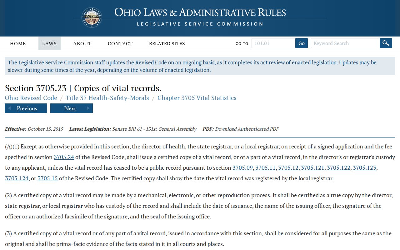 Kettering previous residents Ohio vital records access law