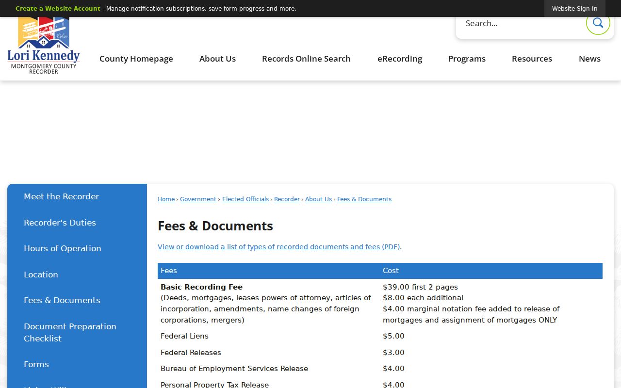 Kettering previous residents recorded document copy fee information