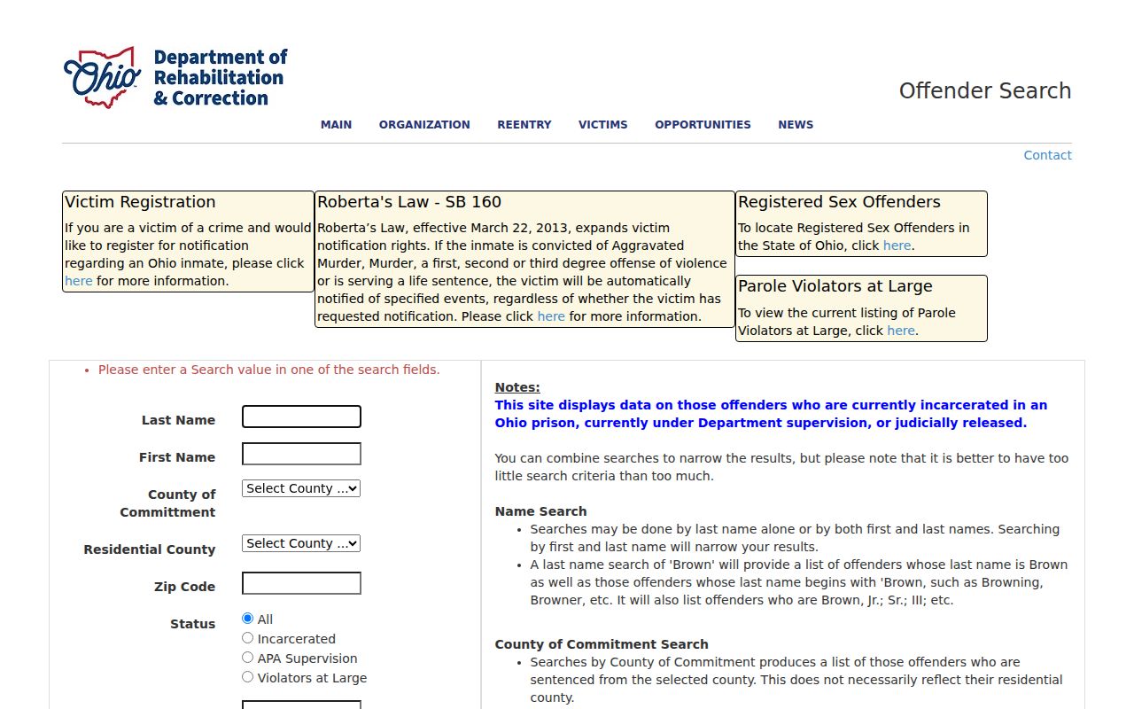 Kettering resident lookup Ohio DRC offender-search scope